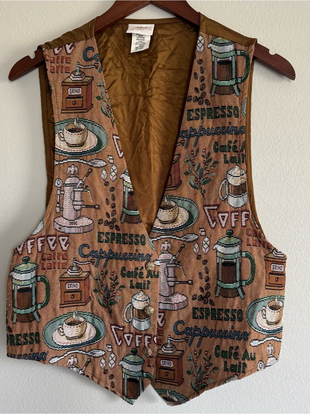 Vintage 90s Coffee Tapestry Vest Medium Novelty Barista Cafe